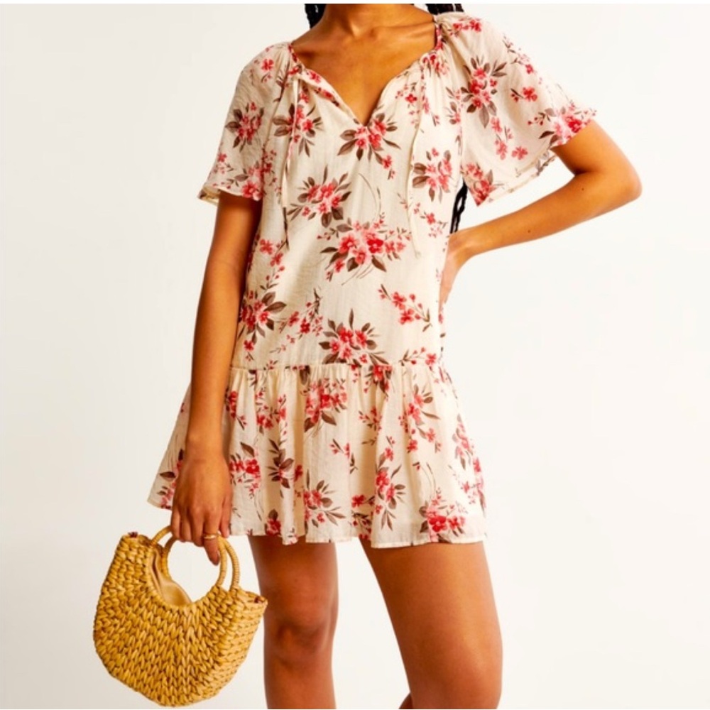 Abercrombie And Fitch Trapeze ruffle Mini Dress White Floral Size Small